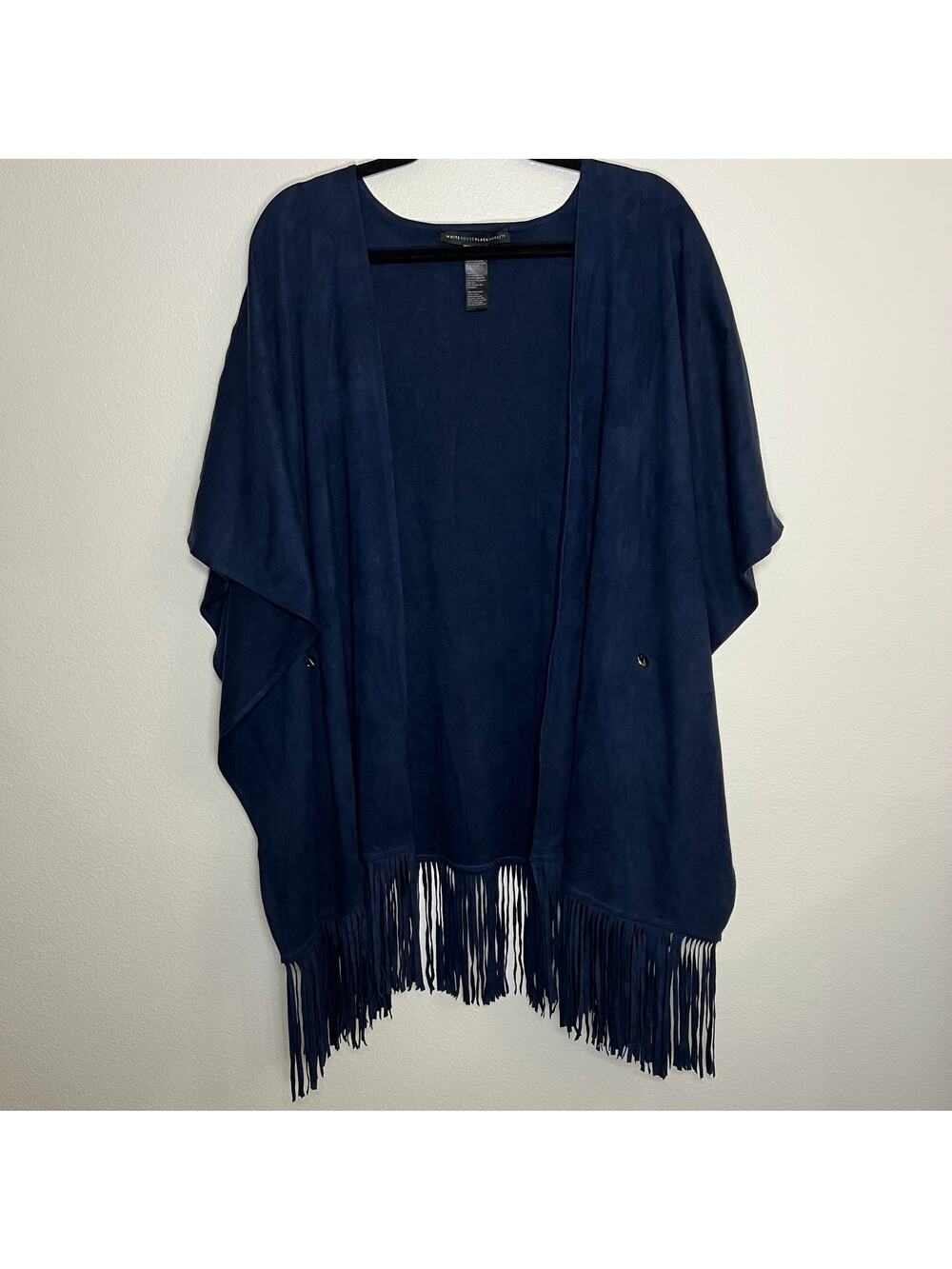 White House Black Market| faux suede fringed navy ruana wrap kimono top